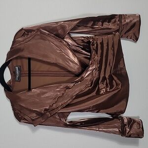 Vintage Metallic Formal Faux Wrap Blouse Size S/M Brown Ruffle Whimsigoth 80s 90